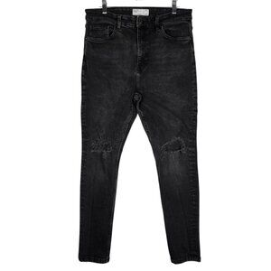 Bershka Carrot Jeans Men's 32 Black Denim Distressed Skinny City Street